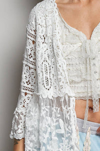 V-neck Short Sleeve Crochet Floral Lace Cardigan: NATURAL / OS
