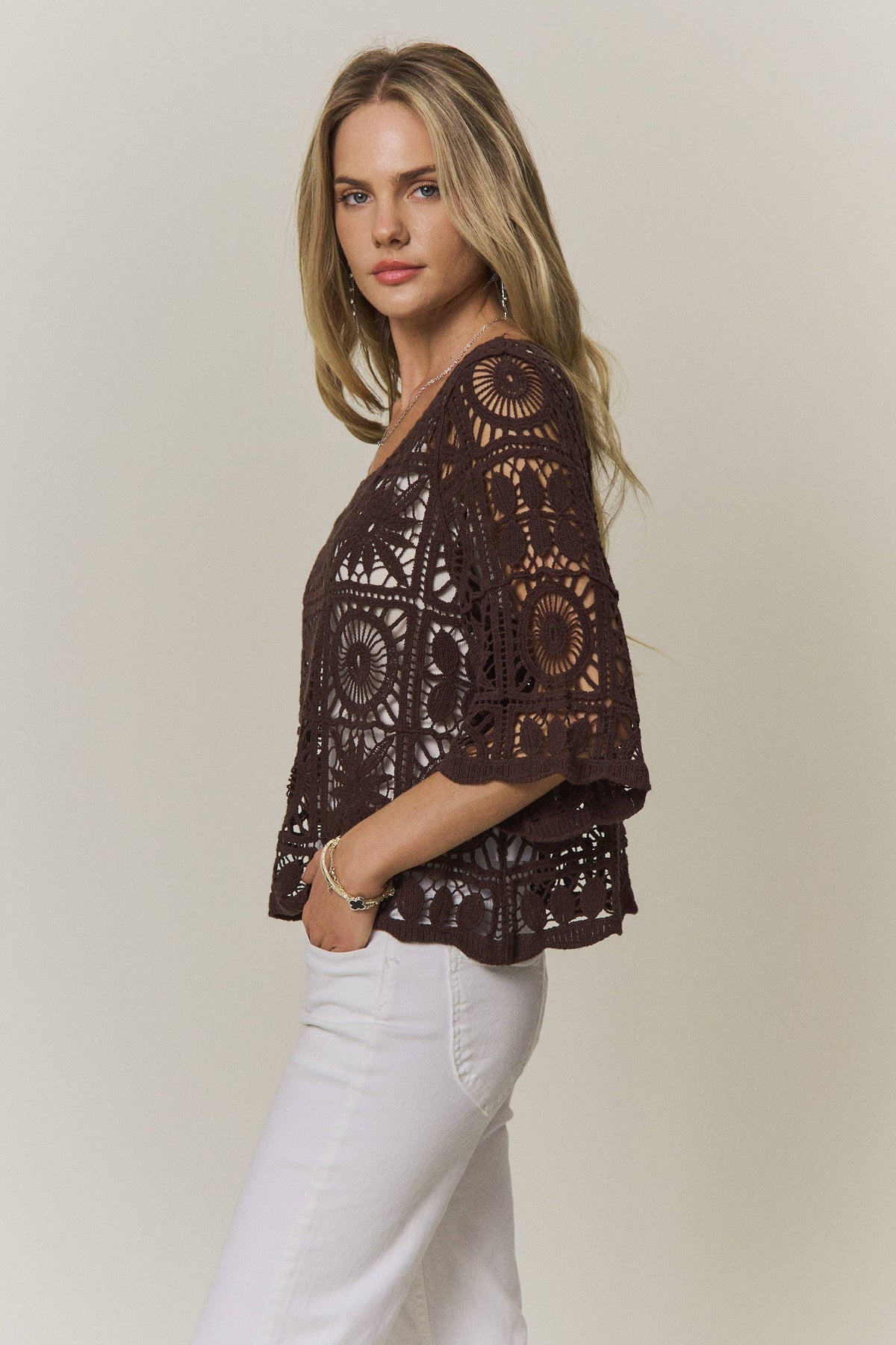 Bristol Crochet Boxy Knit Top: Chocolate Brown