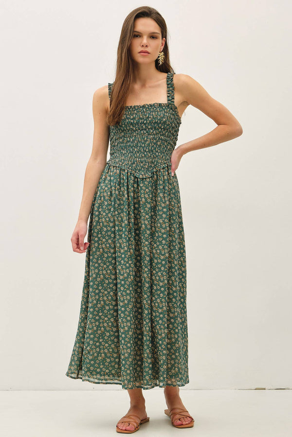 The Everly Floral Midi Dress: Agave Green – Smocked Bodice Ruffle Strap Fit & Flare Dress