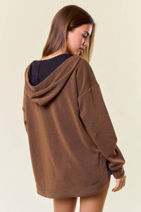 Willa Stripe V-Neckline Long Sleeve Hooded Sweatshirt: Caramel