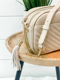 Veronica V-Stitch Tassel Crossbody Bag – Coffee & Stone | Faux Leather Small Purse with Double Zipper Top, Adjustable Strap, Gold Hardware