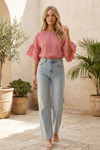 Charming Gingham Scallop Edge Wild Ruffle Sleeve Top VT83548: Brown / S
