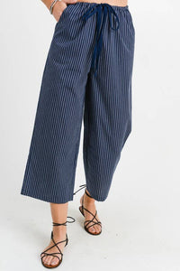 The Hallie Cropped Stripe Pant – Navy Wide Leg Drawstring Trousers
