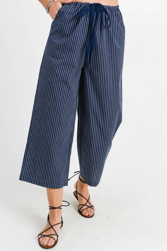 The Hallie Cropped Stripe Pant – Navy Wide Leg Drawstring Trousers