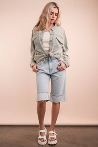 Harbor Breeze Mineral Washed Gauze Shacket – Mixed Fabric, Raw Edge Detai