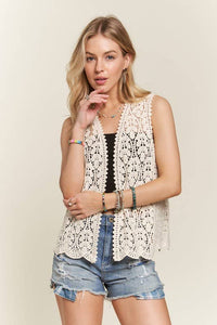 CROCHET VEST SCALLOP HEM - CET3544: Beige / S/M-M/L(3-3)