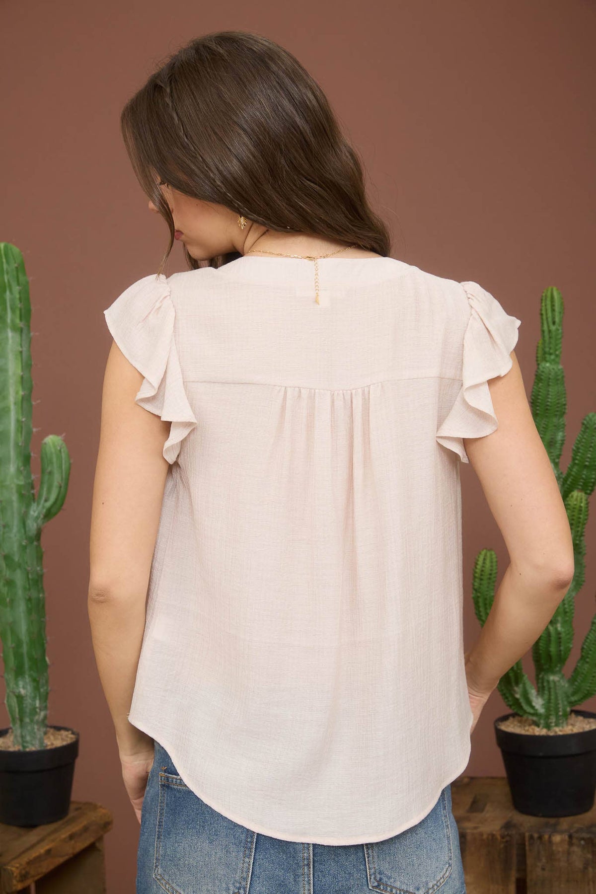The Callie Embroidered Ruffle Sleeve Top – Black Button Front Blouse