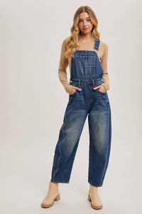 Juniper Barrel Leg Denim Overalls – Vintage Medium Wash Barrel-Leg Overalls with Adjustable Straps