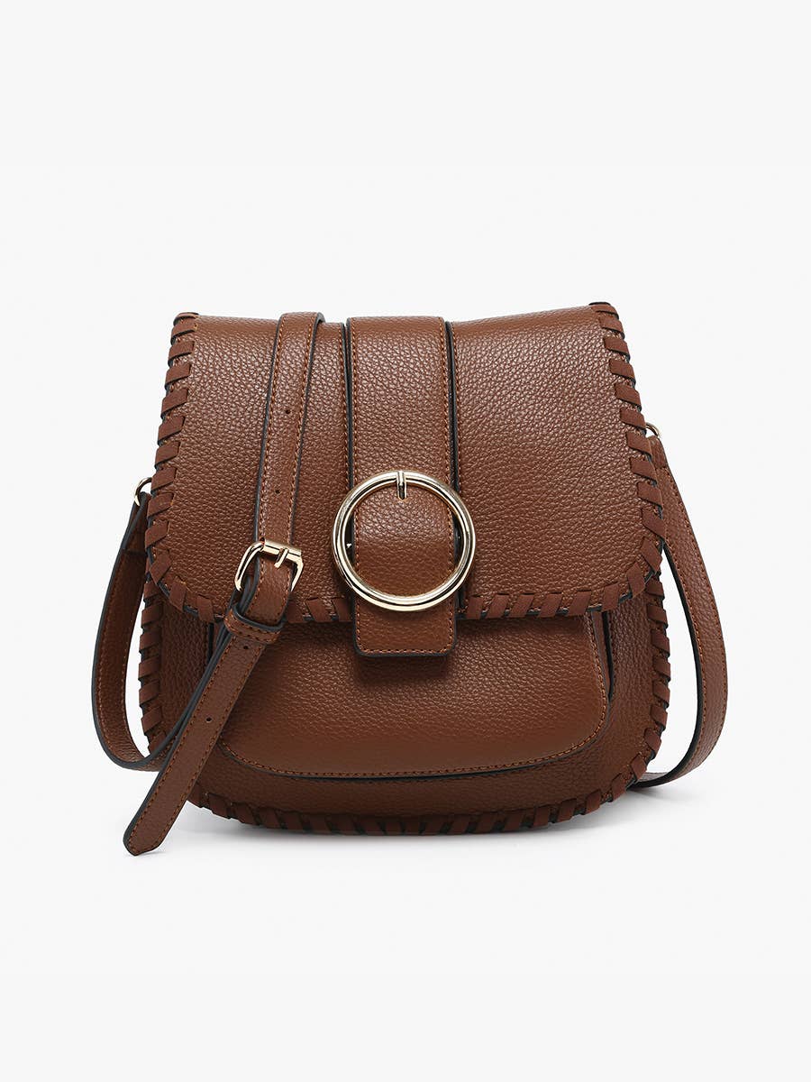Jen & Co. Sandra Buckle Flapover Crossbody – Vegan Leather Whipstitch Bag