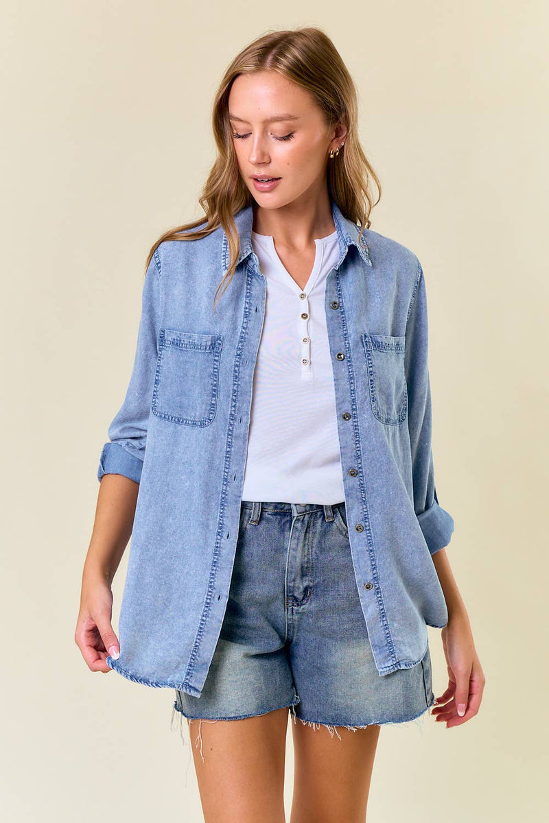 Willow Ridge Tencel Chambray Button Down Shirt: Light Wash – Soft Denim Utility Top for Women