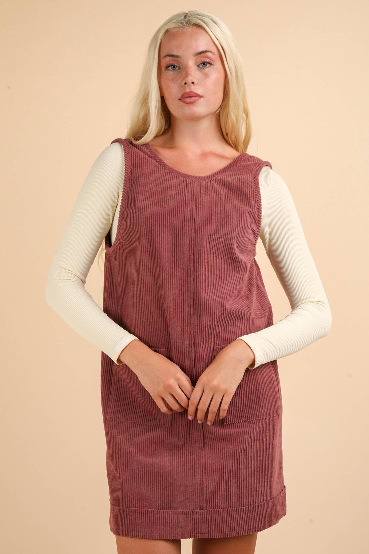 Lydia Corduroy Backless Casual Mini Dress: Mauve