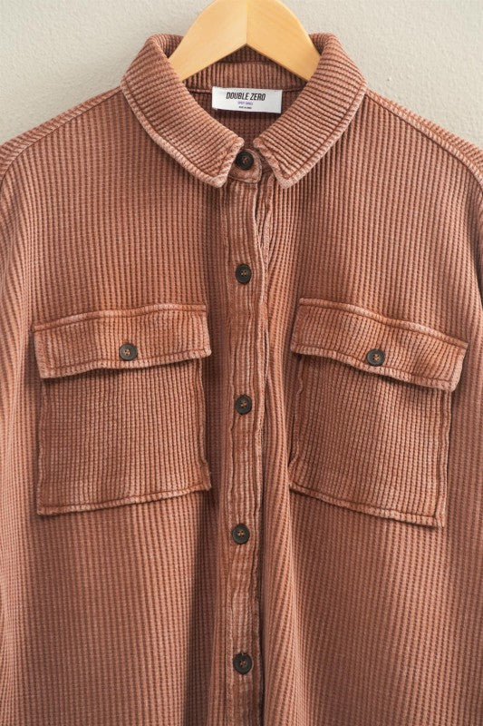 Maribel Oversized Mineral Washed Waffle Knit Shacket – Women’s Casual Button Down Shirt Jacket