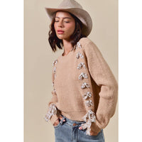 Harper Plaid Bow Detail Sweater: Taupe