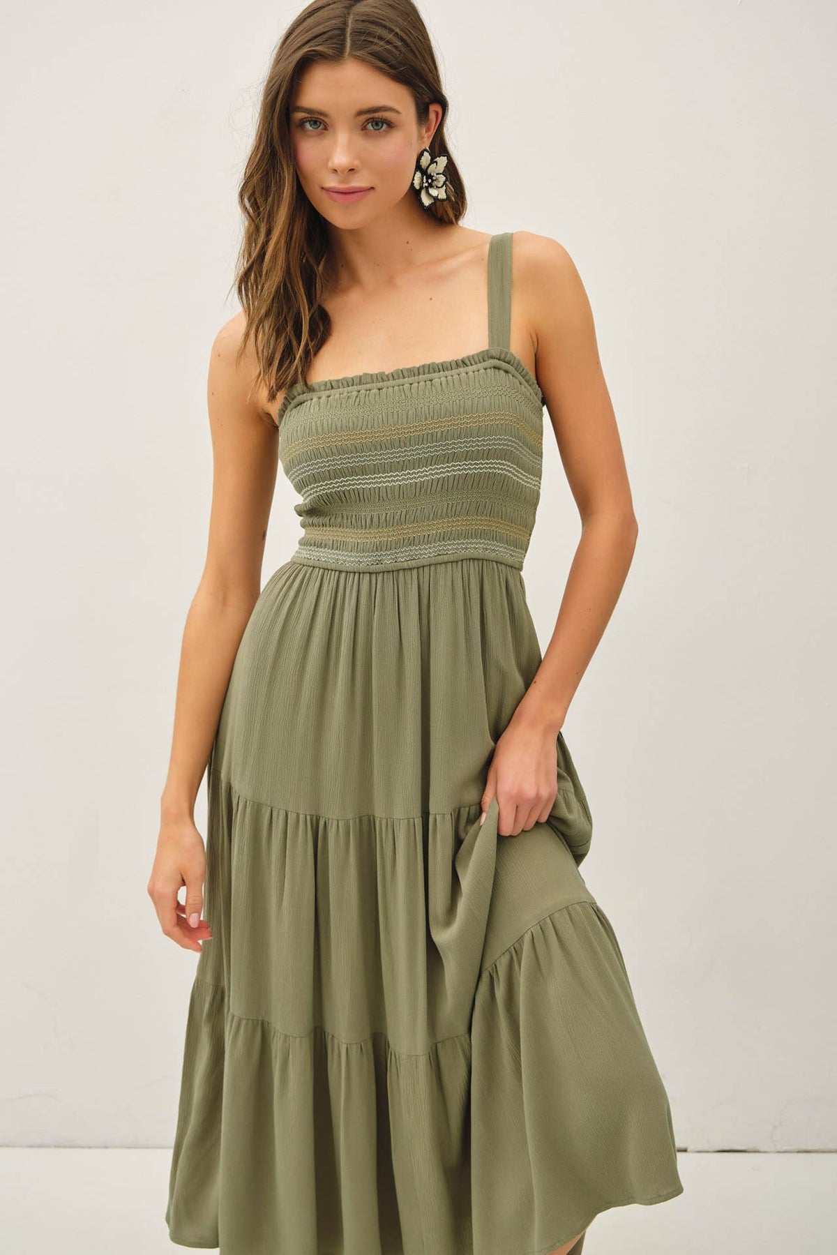 The Savannah Embroidered Midi Dress: Olive