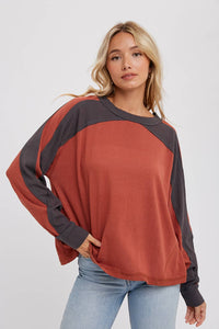 Sutton Contrast Sleeve Oversized Long Sleeve Top – Chestnut & Olive