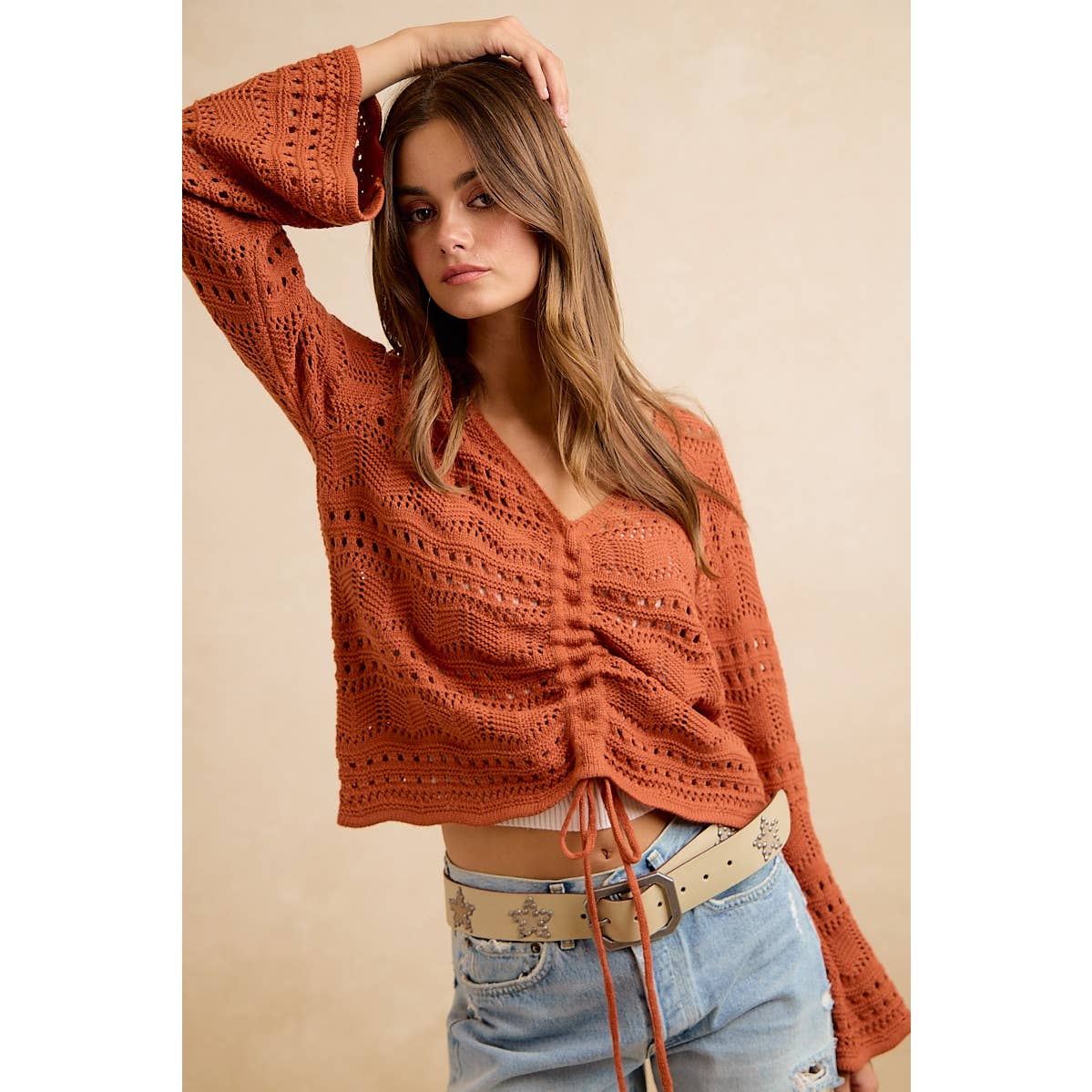 The Harvest Glow Ruched Knit Sweater: Terracotta