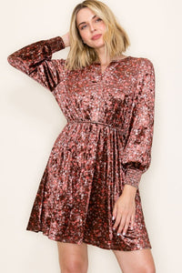 Elowen Velvet Floral Dress – Long Sleeve Smocked Waist Holiday Party Mini Dress with Pockets