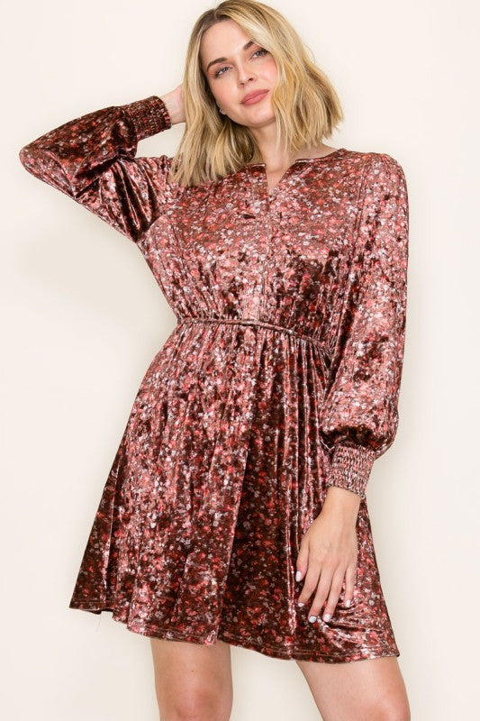 Elowen Velvet Floral Dress – Long Sleeve Smocked Waist Holiday Party Mini Dress with Pockets