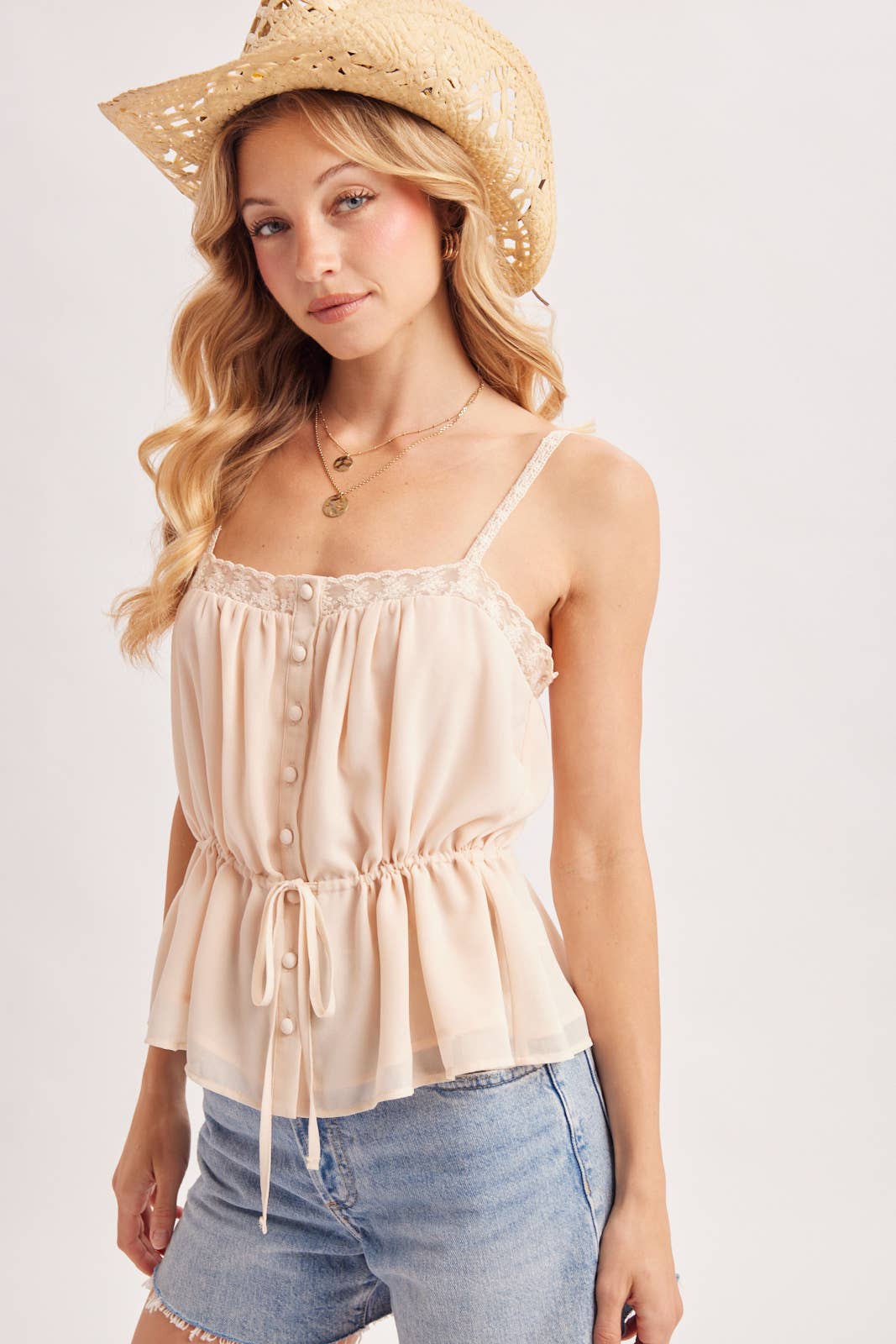 Champagne Lace Trim Peplum Cami: Ecru