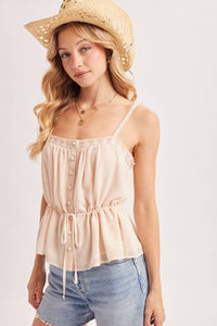 Champagne Lace Trim Peplum Cami: Ecru