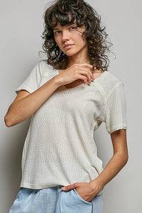 The Clara Lace Trim V Neck Top: Natural – Short Sleeve Textured Knit Everyday Basic