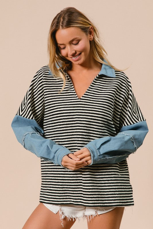 Maria Stripe Denim Sleeve Long Sleeve Top: Black