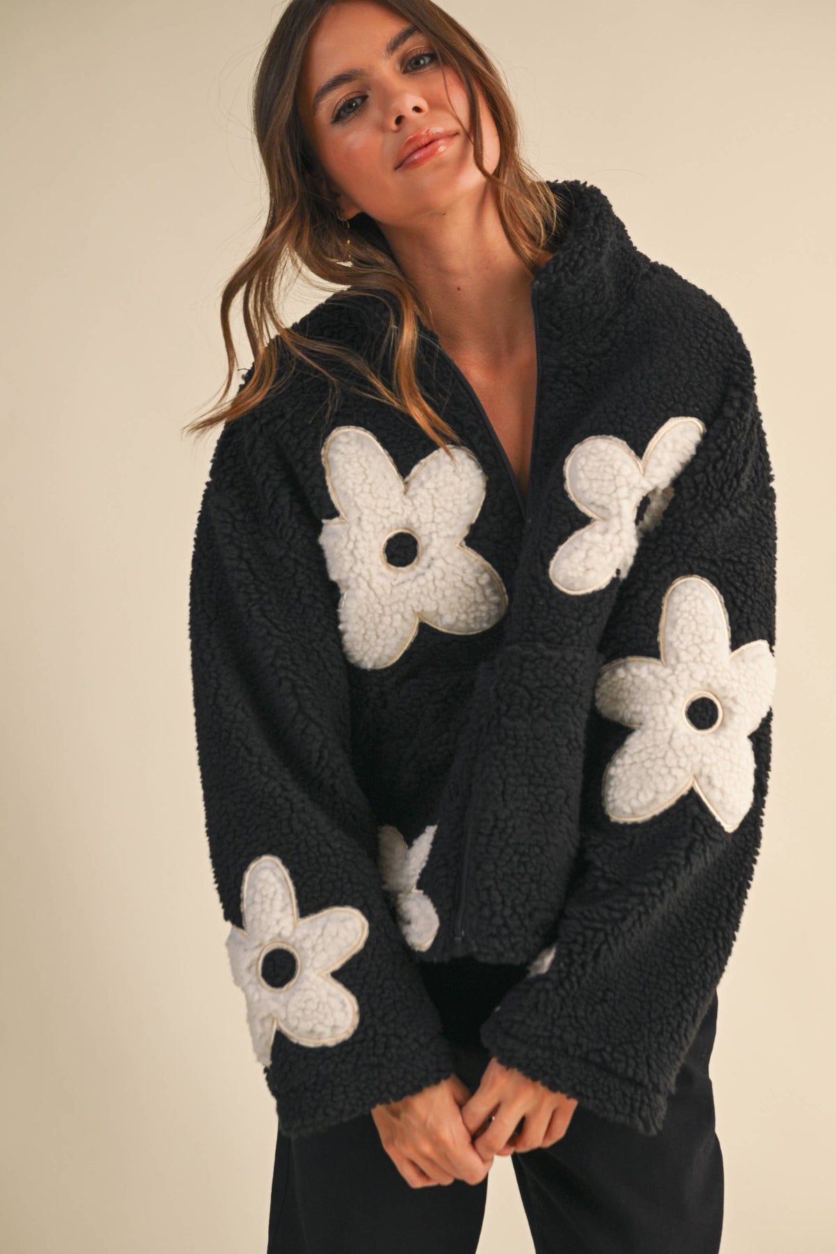 Floral Sherpa Zip Up Jacket: Black – Fully Lined Cozy Fleece with Pockets