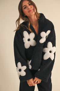 Floral Sherpa Zip Up Jacket: Black – Fully Lined Cozy Fleece with Pockets