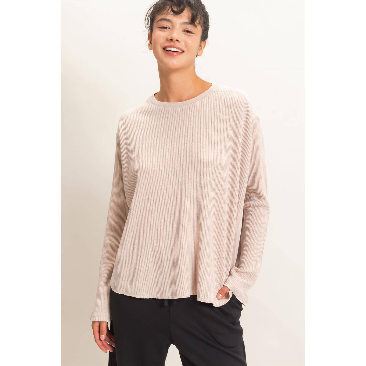 Slow Mornings Waffle Knit Top: Cream Taupe