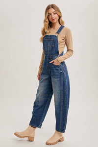 Juniper Barrel Leg Denim Overalls – Vintage Medium Wash Barrel-Leg Overalls with Adjustable Straps