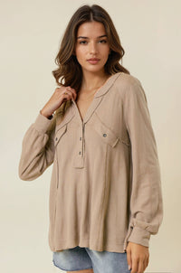 Callista Stripe Waffle Oversized Henley Top: Mushroom – Women’s Split V-Neck Long Sleeve Casual Shirt