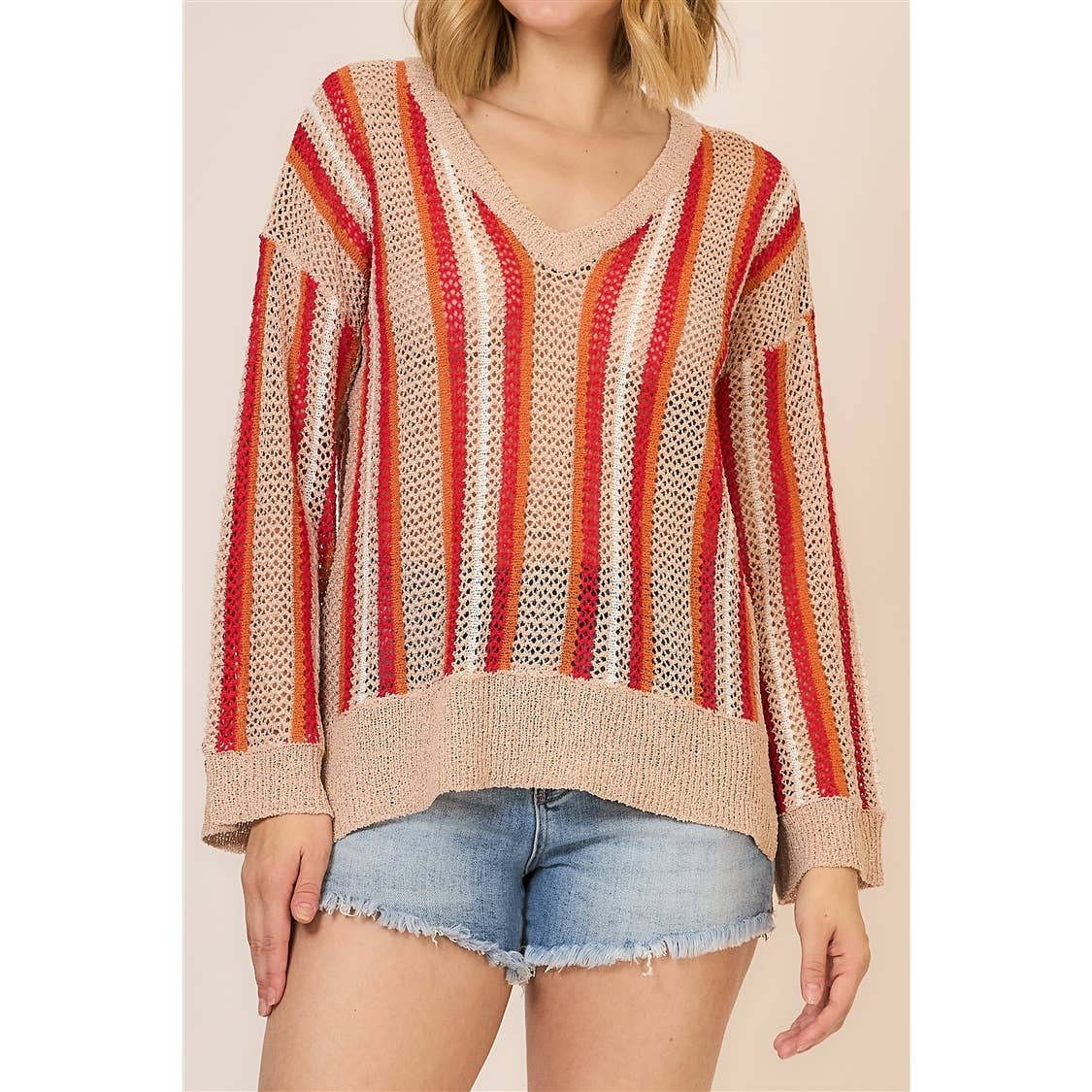 Sunset Stripe Open Knit Sweater: Taupe/ Tomato