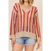 Sunset Stripe Open Knit Sweater: Taupe/ Tomato