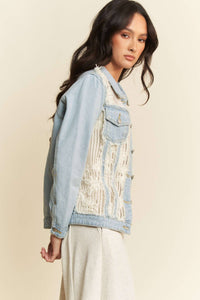 The Clara Lace Patch Denim Jacket – Light Wash Button-Up with Boho Details
