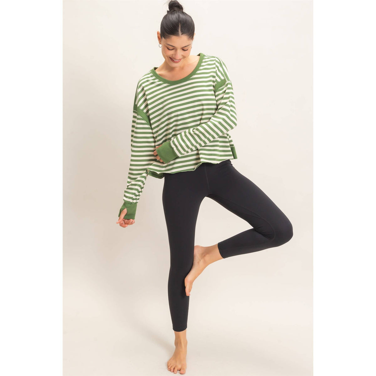 Striped Long Sleeve Top: MOCHA / S-M-L(2-2-2)