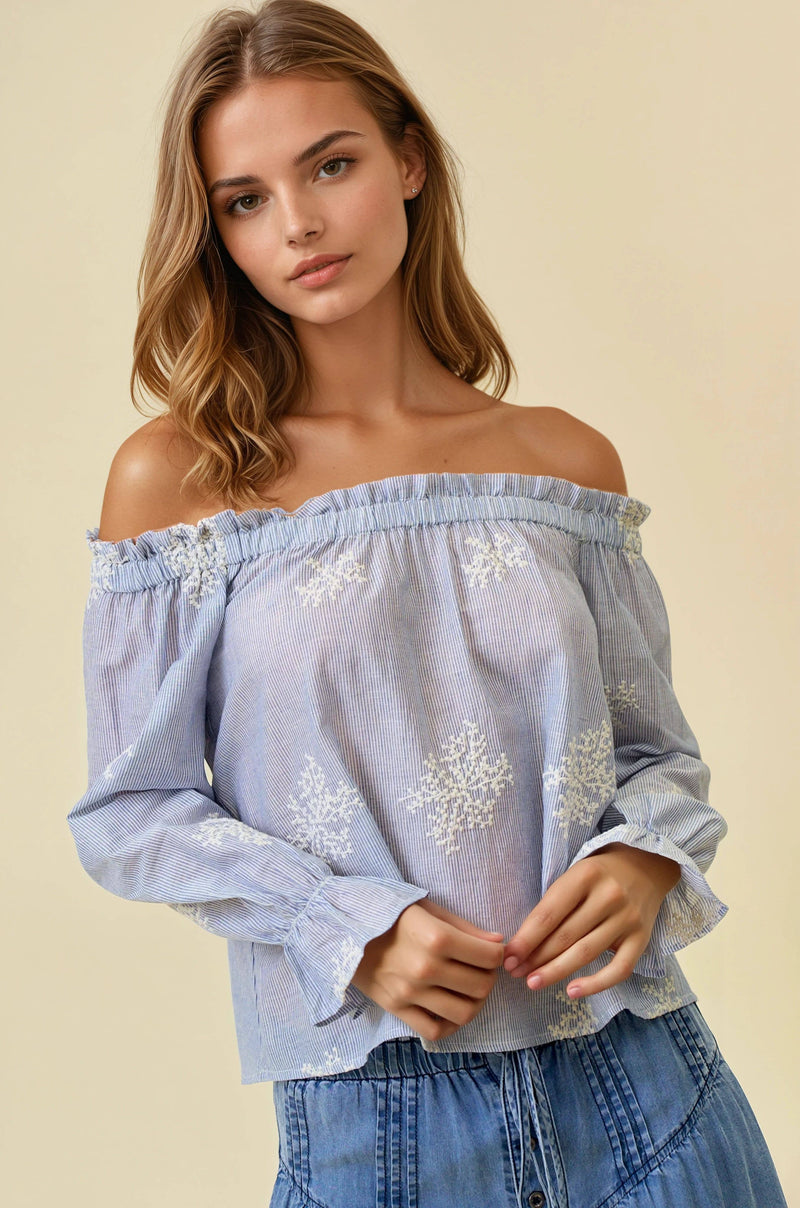 The Savannah Stripe Embroidered Blouse: Blue/Ivory