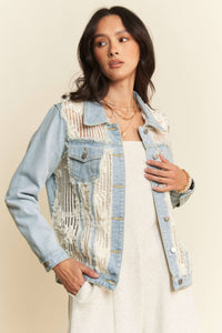 The Clara Lace Patch Denim Jacket – Light Wash Button-Up with Boho Details