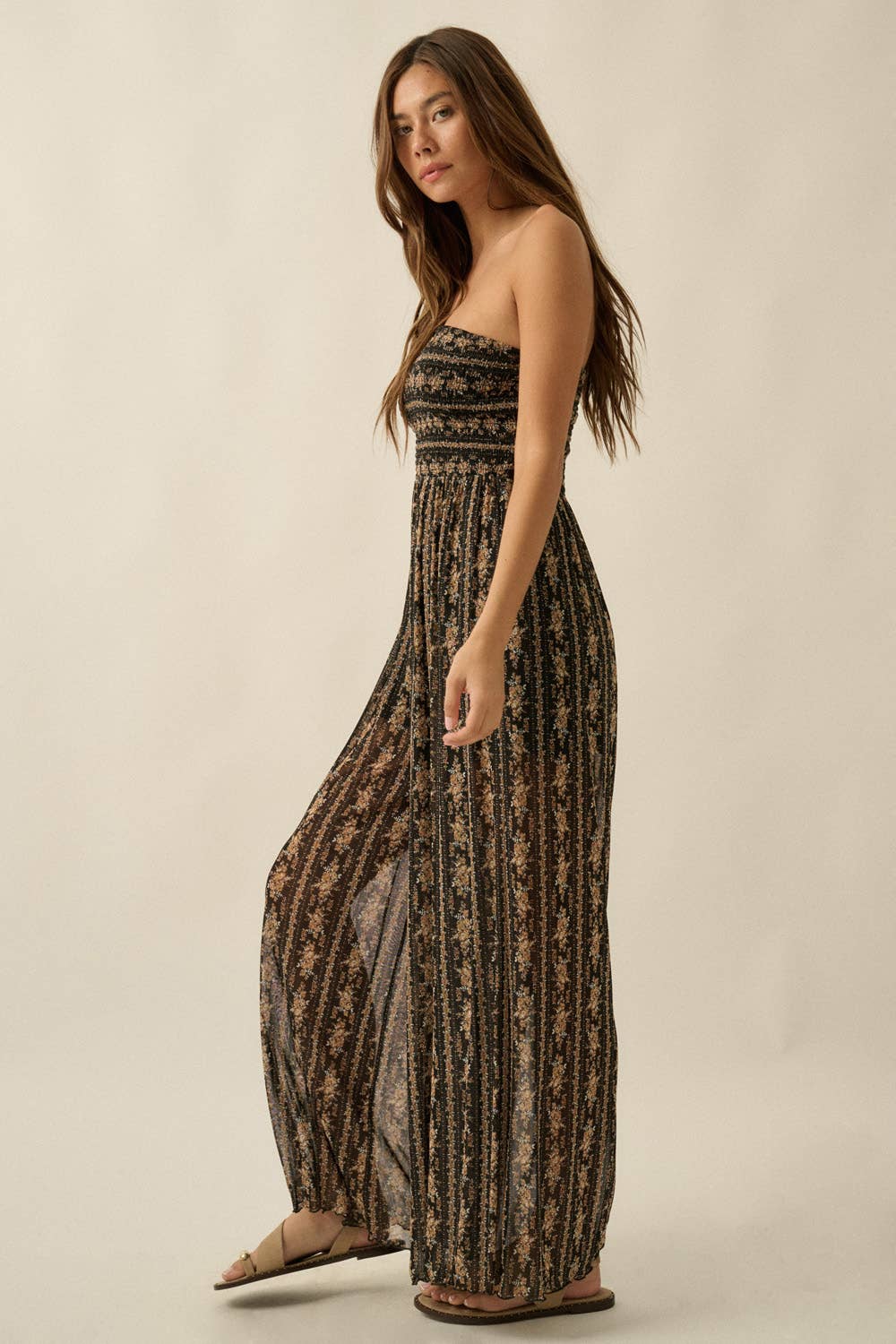 The Wildflower Mesh Jumpsuit: Black/Multi – Strapless Floral Wide Leg Statement Jumpsuit