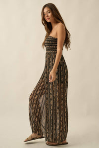 The Wildflower Mesh Jumpsuit: Black/Multi – Strapless Floral Wide Leg Statement Jumpsuit