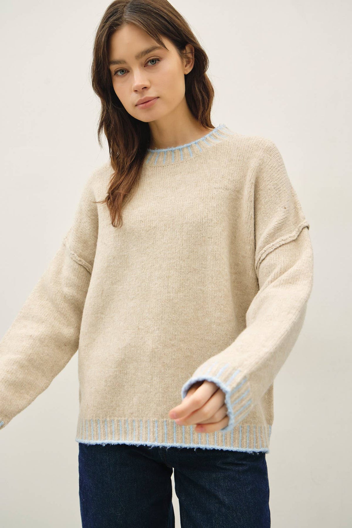 Fine Line Contrast Stitch Sweater: Oatmeal/ Ice Blue