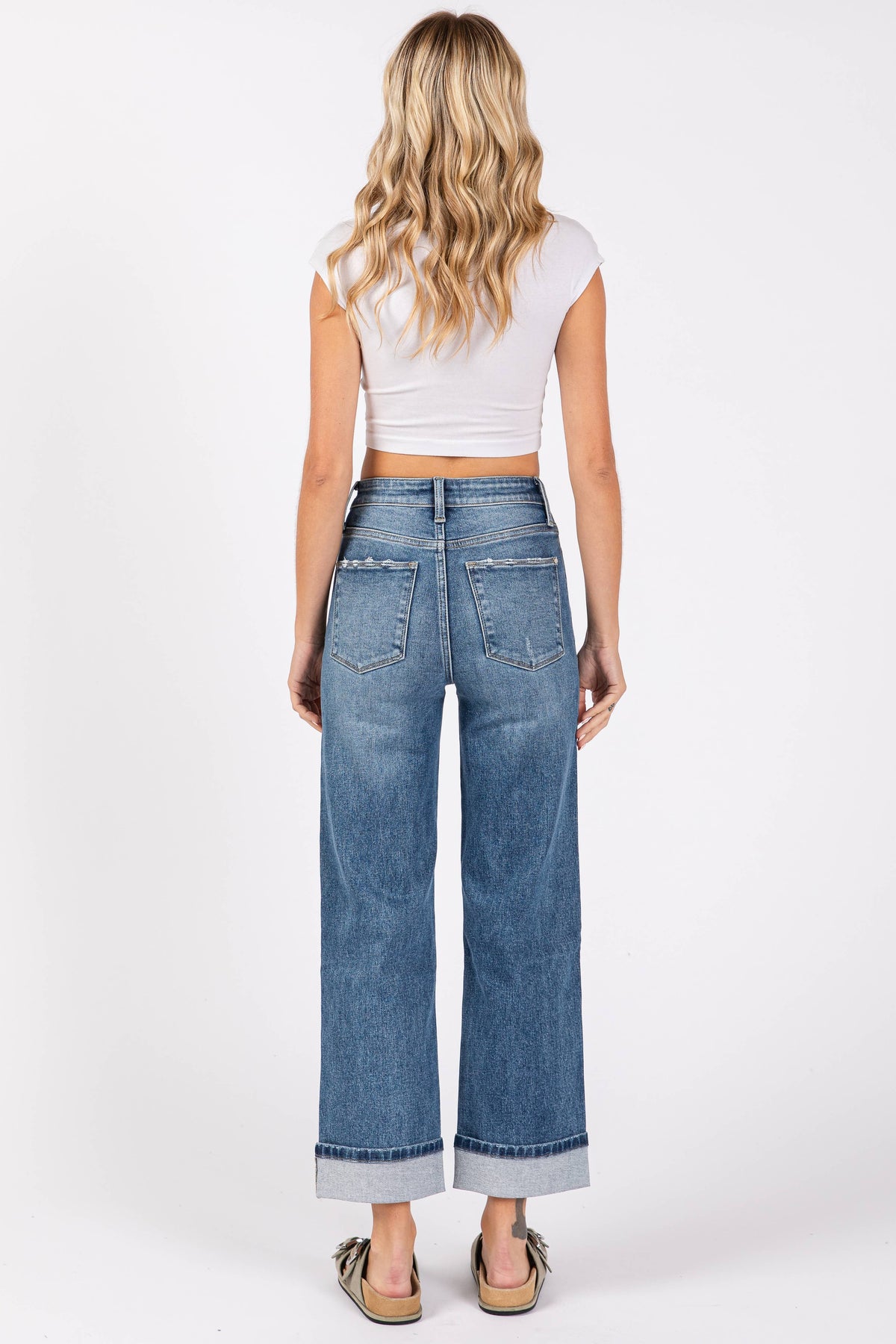 Ella High Rise Relaxed Straight Jeans with Cuffed Hem – Medium Wash