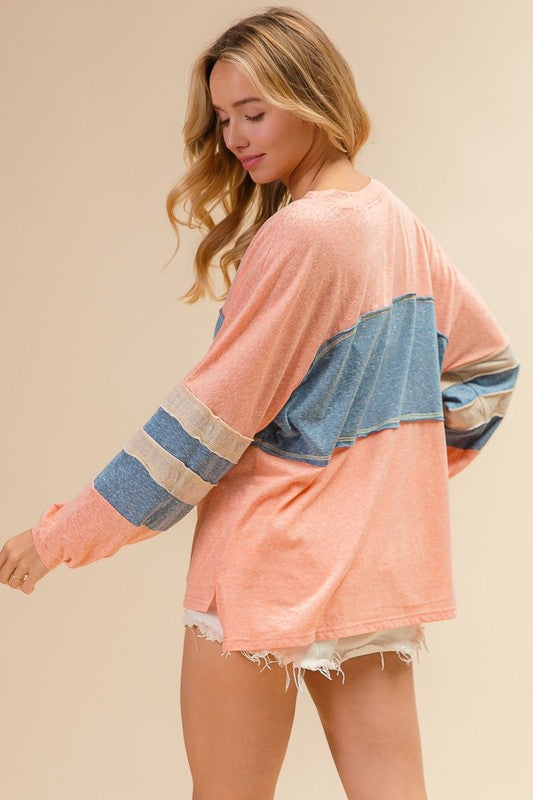 Andie Tri Blend Comfy Casual Top: Peachy/Blue