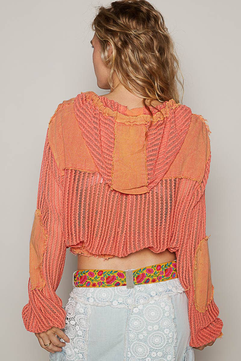 Caroline Open Knit Hooded Shacket: Coral