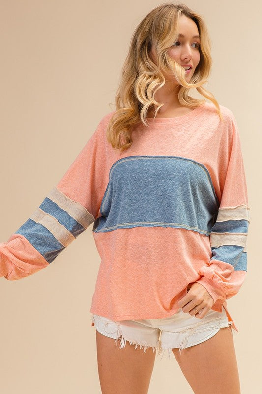 Andie Tri Blend Comfy Casual Top: Peachy/Blue