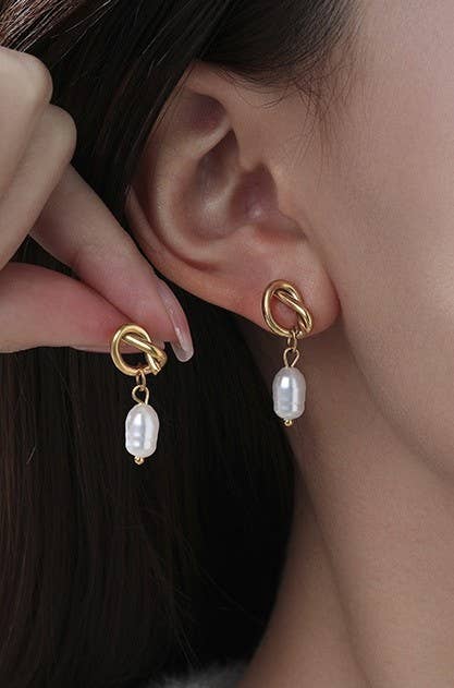 18K Gold Stainless Steel Bow Knot Pearl Drop Earrings – Tarnish Free Waterproof Studs