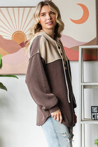 Elena Ribbed Button Front Hoodie – Colorblock Knit Pullover with Bishop Sleeves