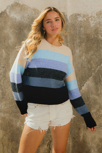 Winter Blues Stripe Sweater: Oatmeal/ Blue