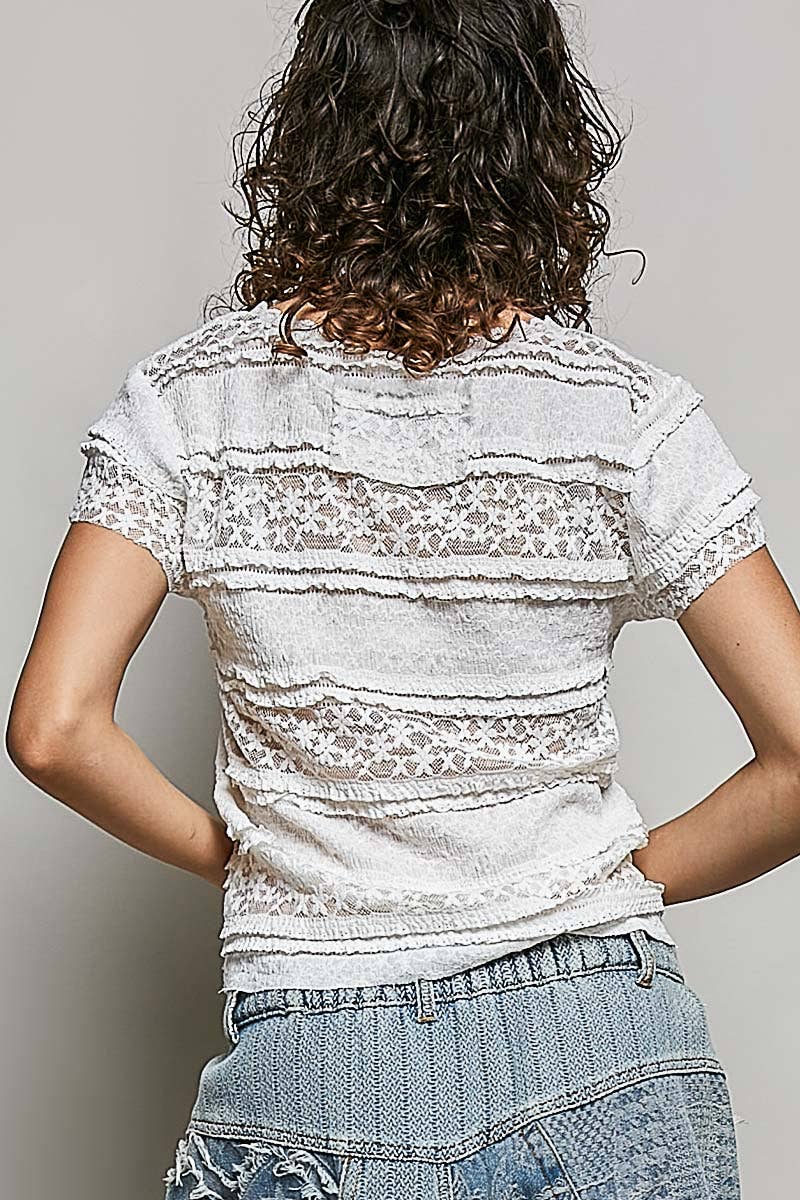 Feminine Lace V Neck Short Sleeve Top Trim Raw Edge: CREAM / S