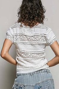 Feminine Lace V Neck Short Sleeve Top Trim Raw Edge: CREAM / S