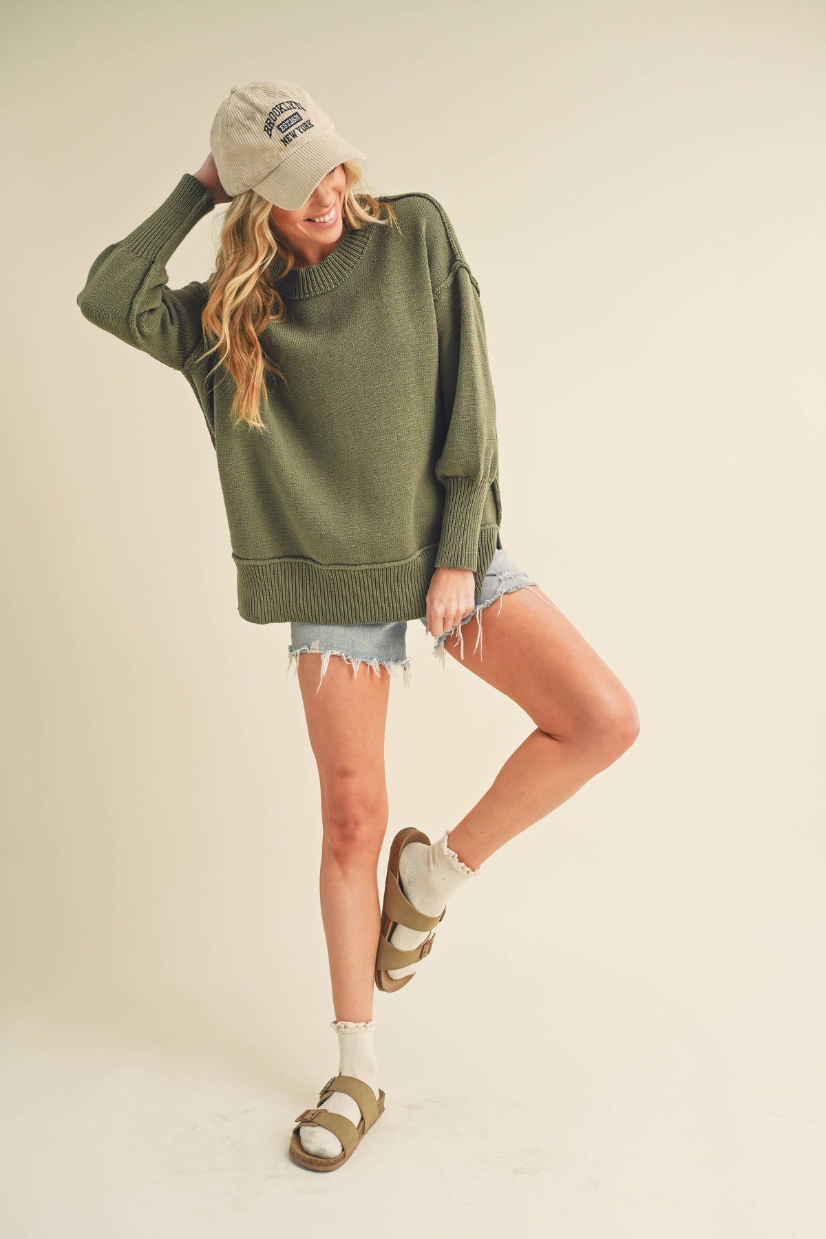 The Ina Slouch Knit Pullover – Exposed Seam Oversized Sweater (Black • Pearl • Olive)